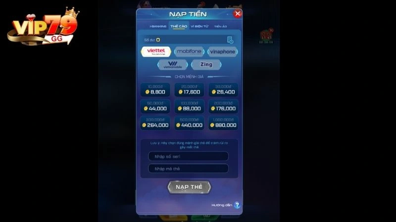 Phương thức nạp qua thẻ cào điện thoại hạn chế rủi ro tại Vip79