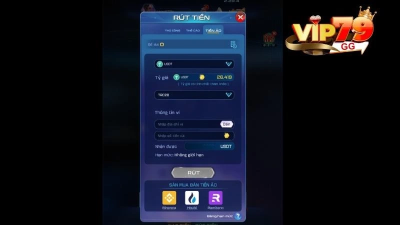 Hướng dẫn rút tiền Vip79 về tài khoản bằng tiền ảo